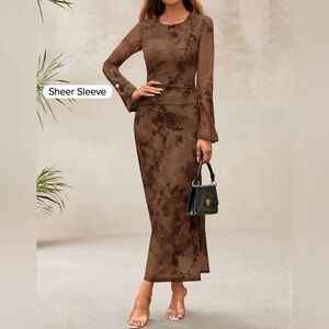 ZESICA Long Sleeve Floral Bodycon Dress Ruched Mesh Cocktail Party Maxi Dress S